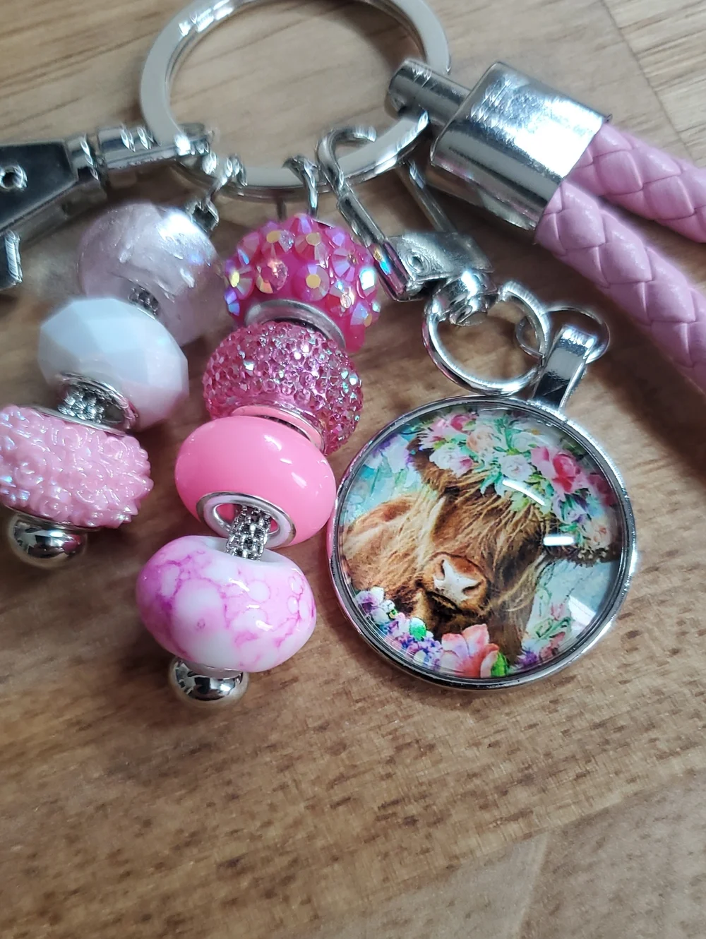 Pink Beaded Highland Cow Keychain Wristlet